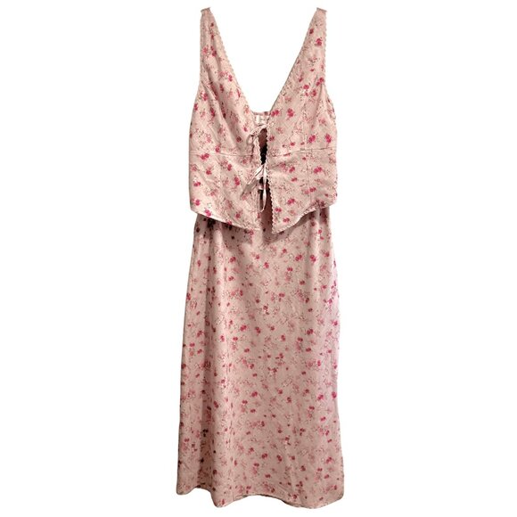 Dresses & Skirts - Cottagecore Pink Floral Two Piece Set | Fairycore Coquette Lace Up Top Skirt